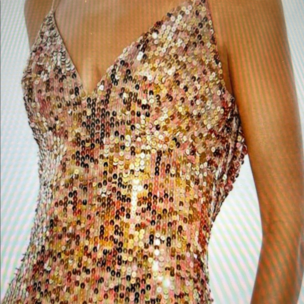 NWT MAC DUGGAL Dress Size 8 Evening Gown Sequin Golden Bronze NEW Cowl Back